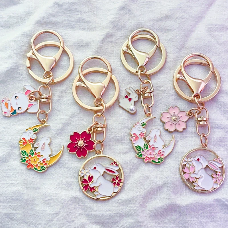 Chinese Style Metal Rabbit Key Chain Lovely Cherry Blossom Pendant Backpack Handbag Decoration Kawaii Small Gift Office Supplies 46pcs lovely peach series stickers decoration scrapbooking paper creative stationary school supplies