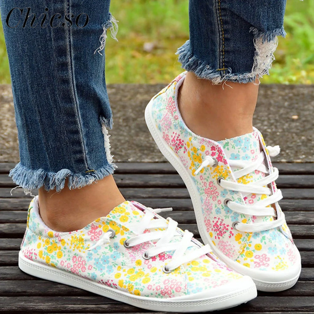 Alpargatas florales para mujer, zapatillas de lona informales con cordones, zapatos planos deportivos de gran tamaño para y correr, primavera 2023, 36 43| | - AliExpress