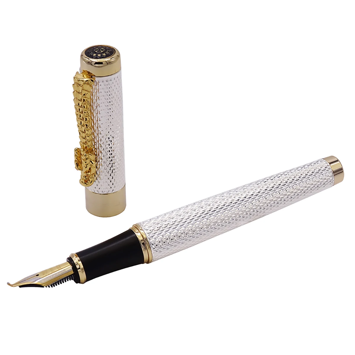 

Jinhao 1200 Vintage Luxurious Calligraphy Fountain Pen Bent Nib Beautiful Ripple with Dragon Clip, Silver Metal Carving Ink Pen
