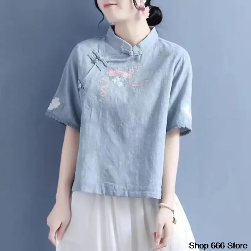 Spring Summer Cotton Linen Solid Color Standing Collar Women's Short Sleeve Top Chinese Style Retro Zen T-shirt Tang Suit Hanfu