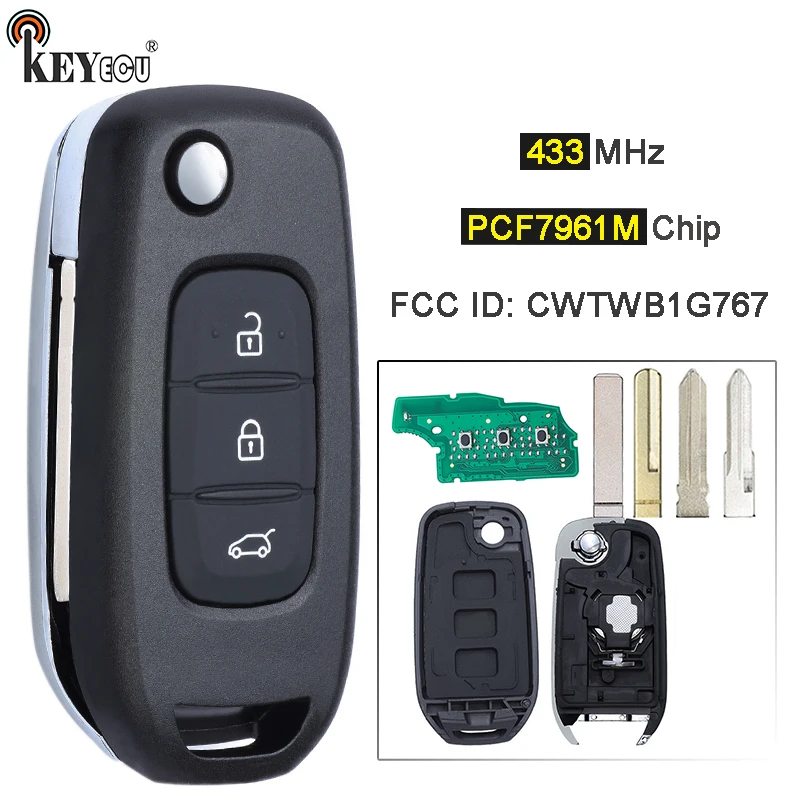 

KEYECU 433 МГц PCF7961M чип CWTWB1G767 3-кнопочный флип-пульт дистанционного управления брелок для Renault Captur Kadjar Kaptur Logan 2 Megane 3 символ