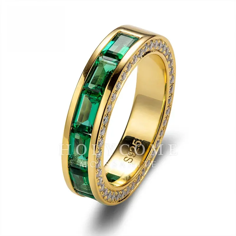 

2024 Green Emerald Cut Radiant Cut Custom Yellow Gold Color Ring Silver Plated 18K Gold Lab Created Diamond Moissanite Ring