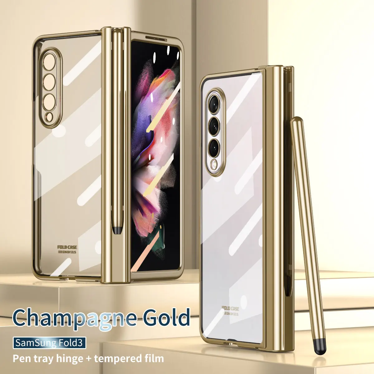 

For Samsung Galaxy Z Fold 3 Hinge Case with Pen Slot Holder for Samsung Z Fold 3 W22 5G Hinge Case with Front Screen Glass Film