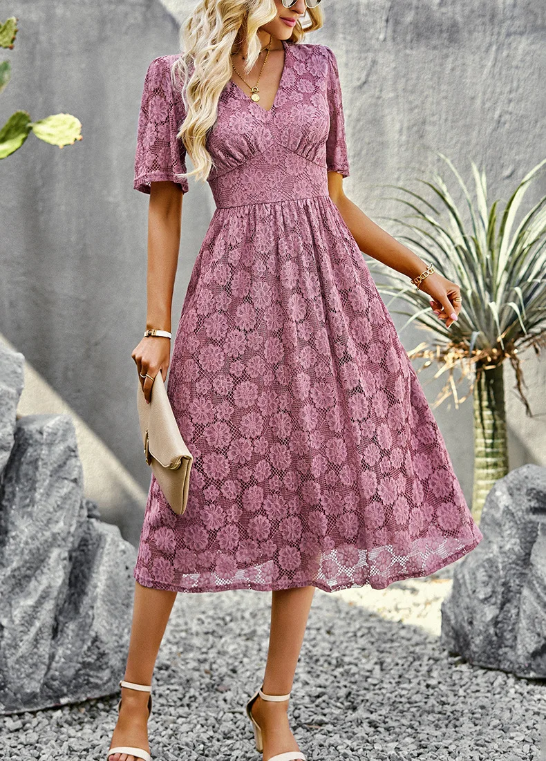 Solid Casual V-Neck Ruffle Short Sleeve Skirt Set
