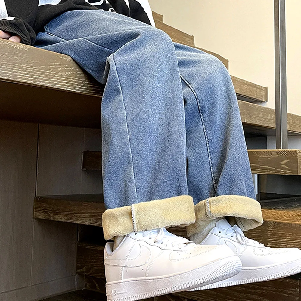 Plus Velvet Men's Winter Y2K Thick Jeans Denim Pants Drawstring Vintage Jeans For Men Streetwear Harajuku Korean Winter Clothes