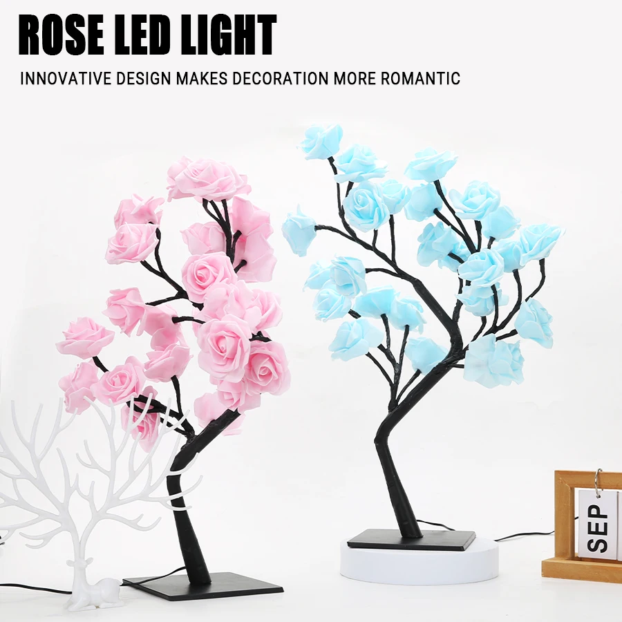 24 LED Rose Tree Lights USB Plug Table Lamp Fairy Flower
