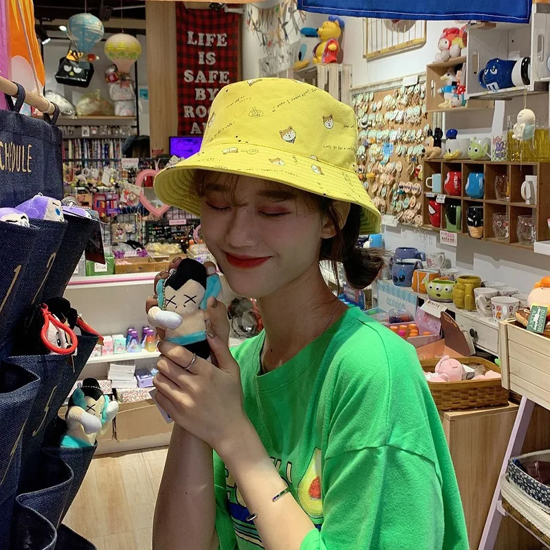Cotton Harajuku Double Sided Cartoon Dog Print Bucket Hat Outdoor Travel Hat Sun Cap Hats For Men Women Fisherman Hat