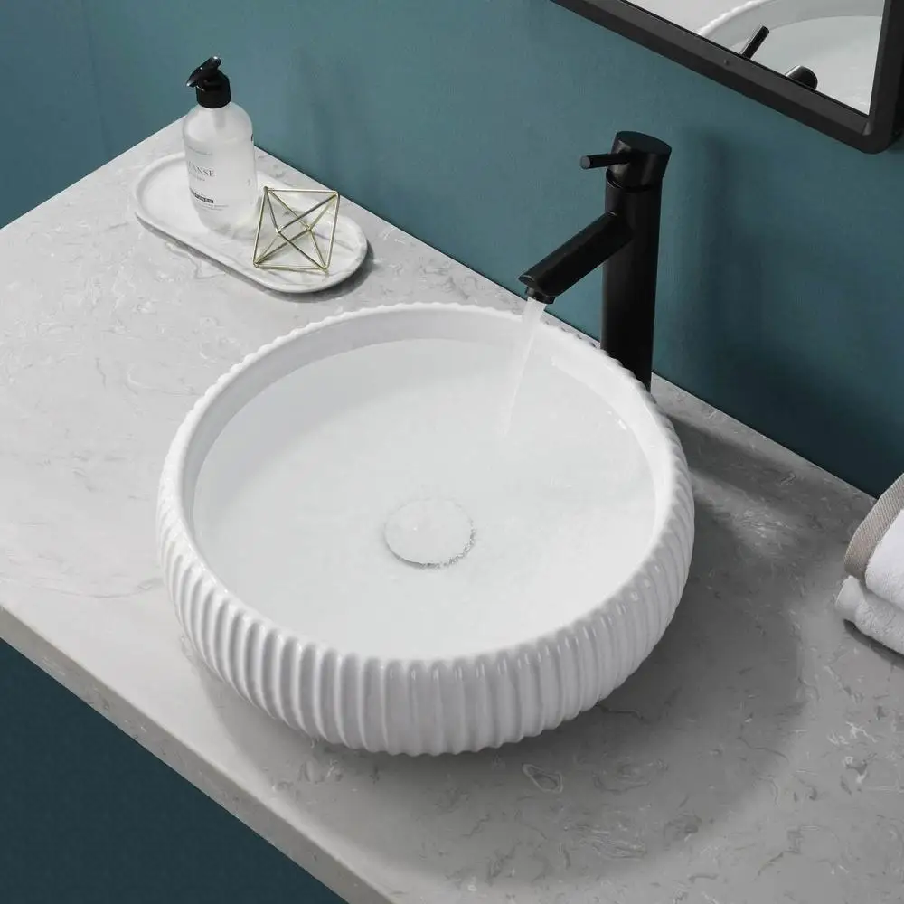 Modern White Ceramic Bathroom Vessel Sink 16.5'' Above Counter Porcelain Washing Bowl Art Basin Vanity Sinks with Pop-up Drain 6
