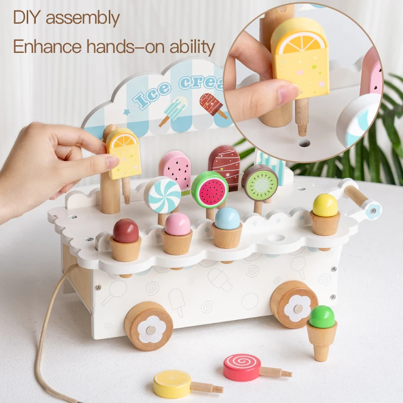 Wooden Ice Cream Girl Toy Kitchen Pretend Play Toys Kitchen Accessories Simulation Ice Cream Shop Montessori Education Toy Gifts