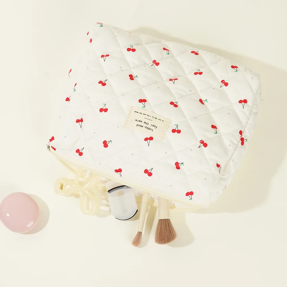 3 PCS/Set Women Quilted Makeup Bag Cherry Pattern Cosmetic Handbag with Clutch Bag & Pen Case Large Capacity Travel Storage Bags 4