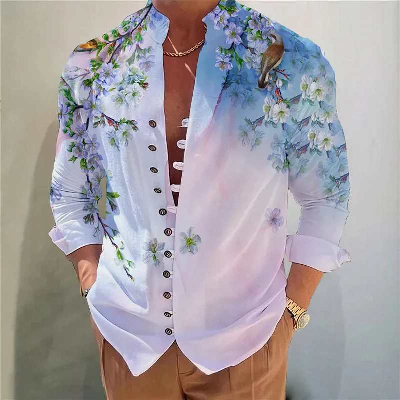 

White Autumn Streetwear Mens Shirts Bird Print Retro Stand Neck Men Clothing Casual Long Sleeve 3D Button Up Men's Shirt