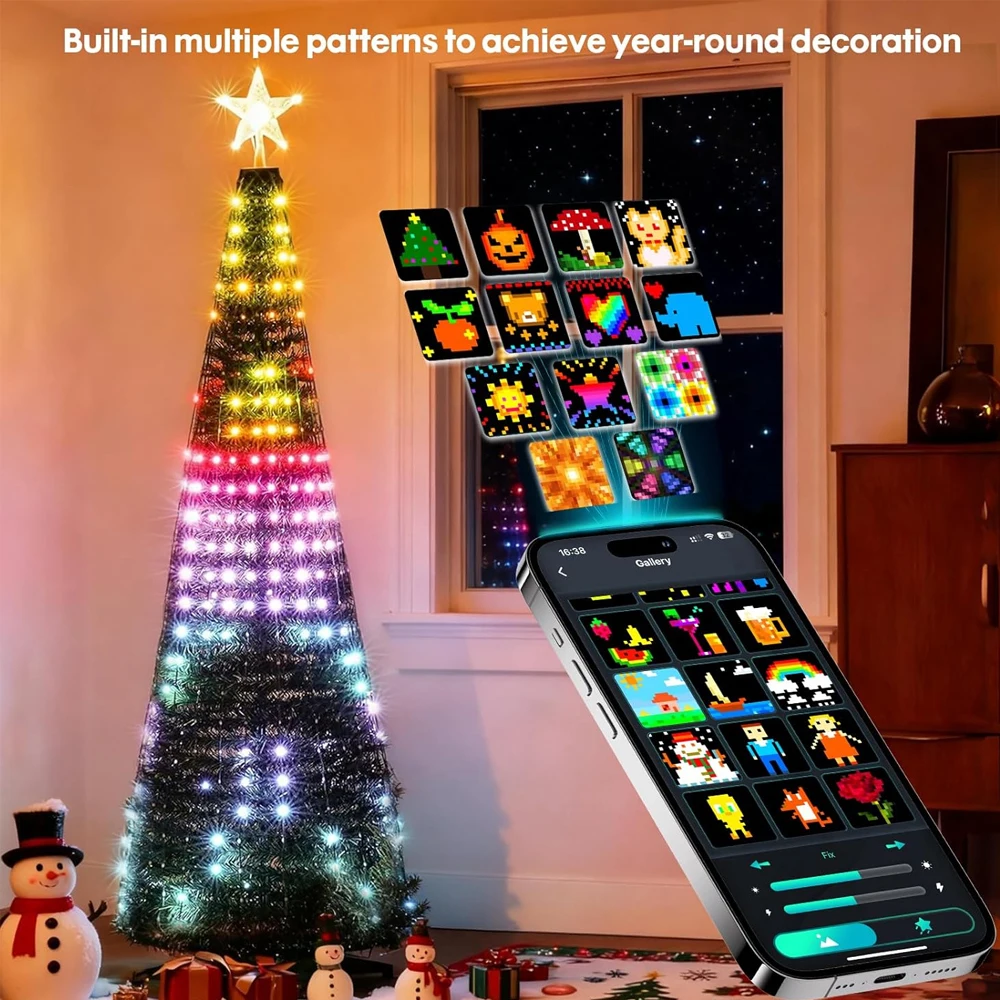 Smart Christmas Tree Lights, DIY Color Changing Waterfall Xmas Tree Lights with Ring & Top-Star, RGB-IC Dynamic String Light