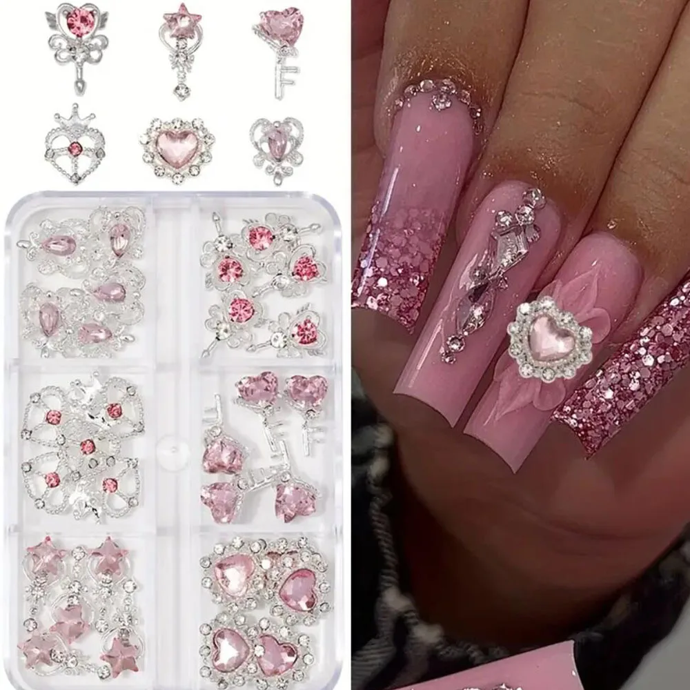 30 Stück 3D Sweet Love-Heart Diamant-Nagelanhänger mit rosa Edelsteinen, Schlossschlüssel, Stern, Zauberstab, Krone, Nagelteile, Y2K-Nagelkunstdekorationen – Detail 6