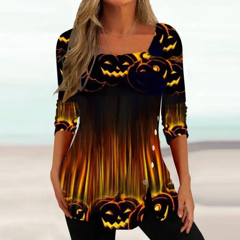 

Plus Size Women Long Sleeve Square Neck Graphic Halloween Tops