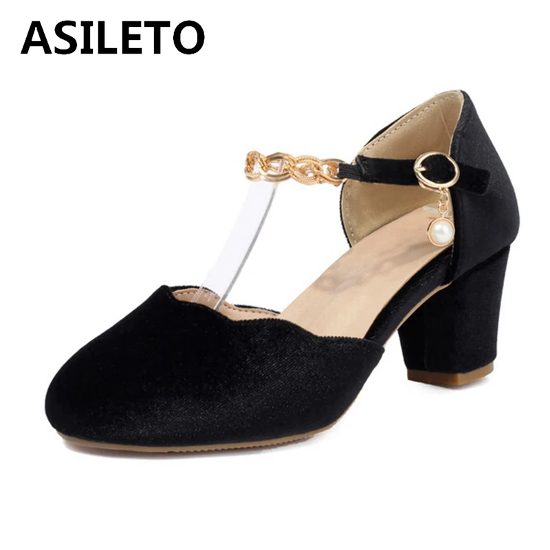 ASILETO 여성용 달콤한 중국 빈티지 라운드 토 펌프, 진주 원피스 파티, 6cm 힐 버클, 빅 사이즈 33 50 51 52 화이트 블랙, 신제품 