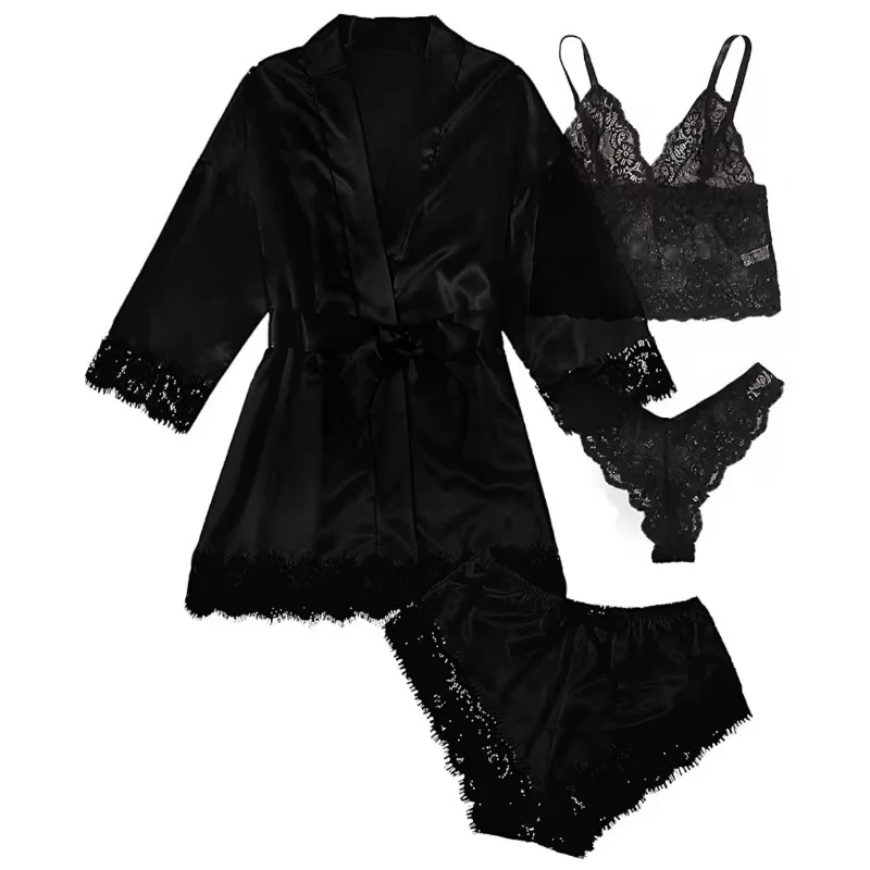 Women Pajamas Set 4 Pieces Summer Sexy Pajama Pants Lace Satin Silk Sleepwear Robe Nightwear