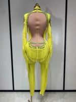 Yellow Tassel Stretch Bodycon Jumpsuit Nightclub Gogo Dance Clothing Dj Rave Outfit Nightclub Party Singer Performance Outfit - Image 4