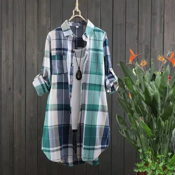 Women’s 2023 Plaid Cotton Blouse – Mid-Length Loose Button Shirt