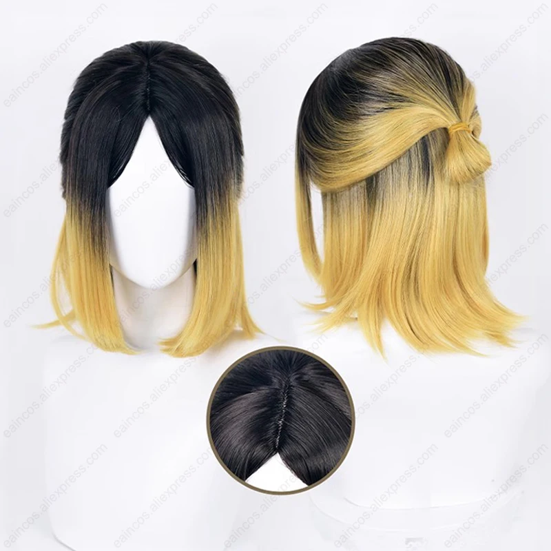 Anime Kenma Kozume Peruca Cosplay, Perucas longas de tingimento dourado preto, Cabelo sintético resistente ao calor, Festa de Halloween, Perucas amarradas, 35cm