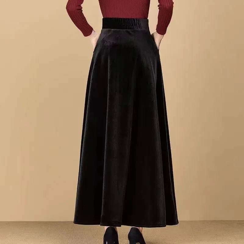 Black Golden Velvet Skirt Women's Long Skirt 2024 New High Waist
