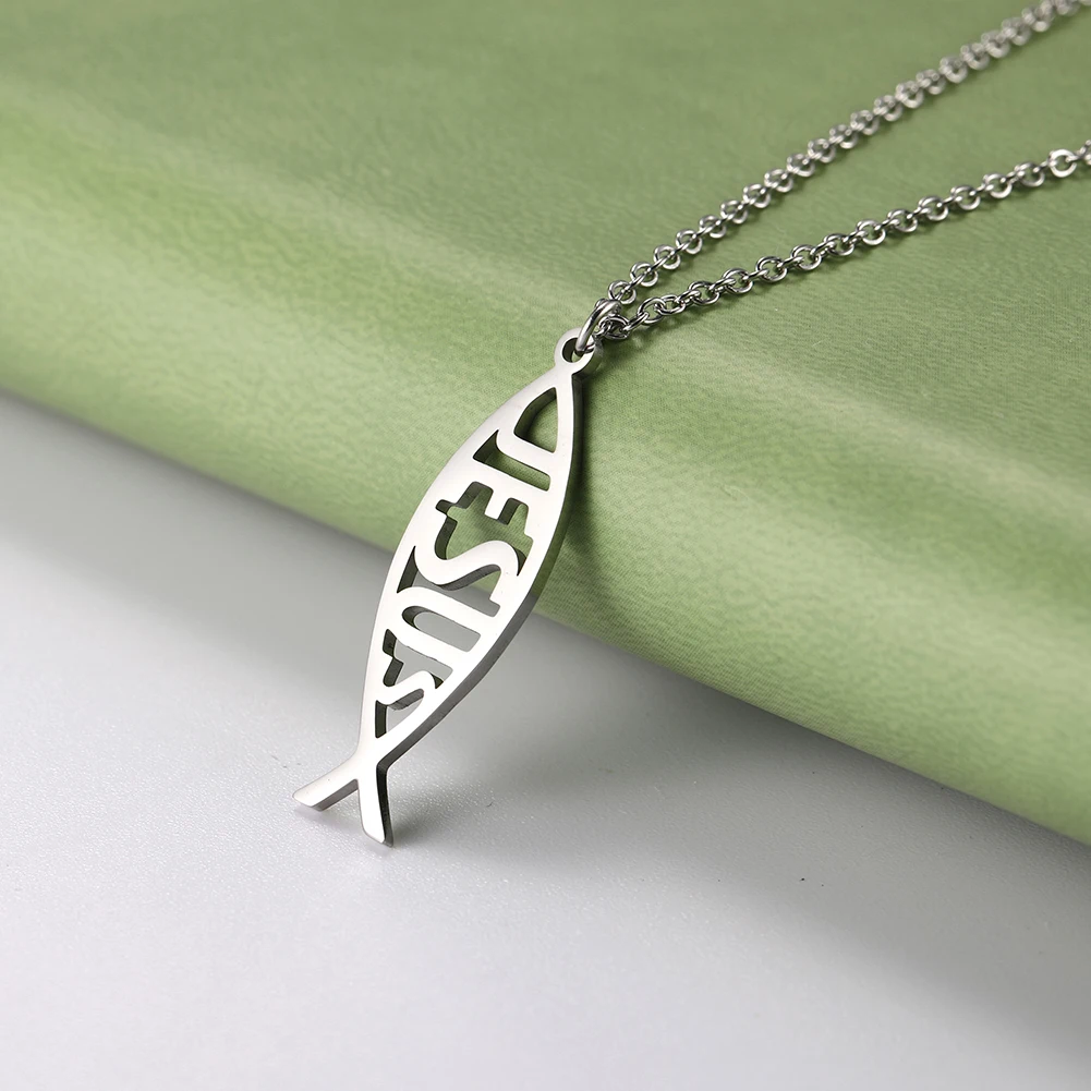 Dawapara Ichthys Jesus Fisch Kreuz Halskette Fülle und Glauben Schutz Amulett Edelstahl christlichen Gebets schmuck – Detail 16