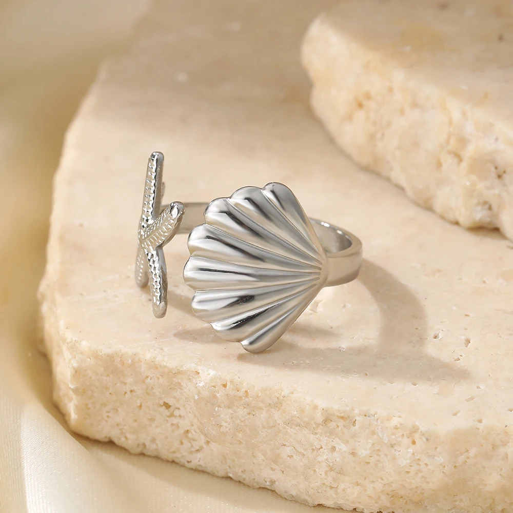 Stainless Steel Ring Light Luxury Premium Sea Life Collection Starfish Shell Ring For Women Jewelry Beach Vacation Accessories 6
