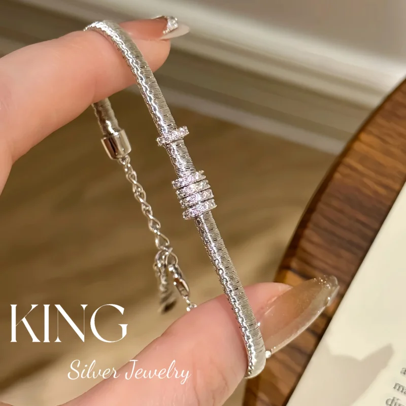 Sliding ring with diamond accent, Italian craftsmanship S925 gold plated, high-end vintage fashion sense bracelet