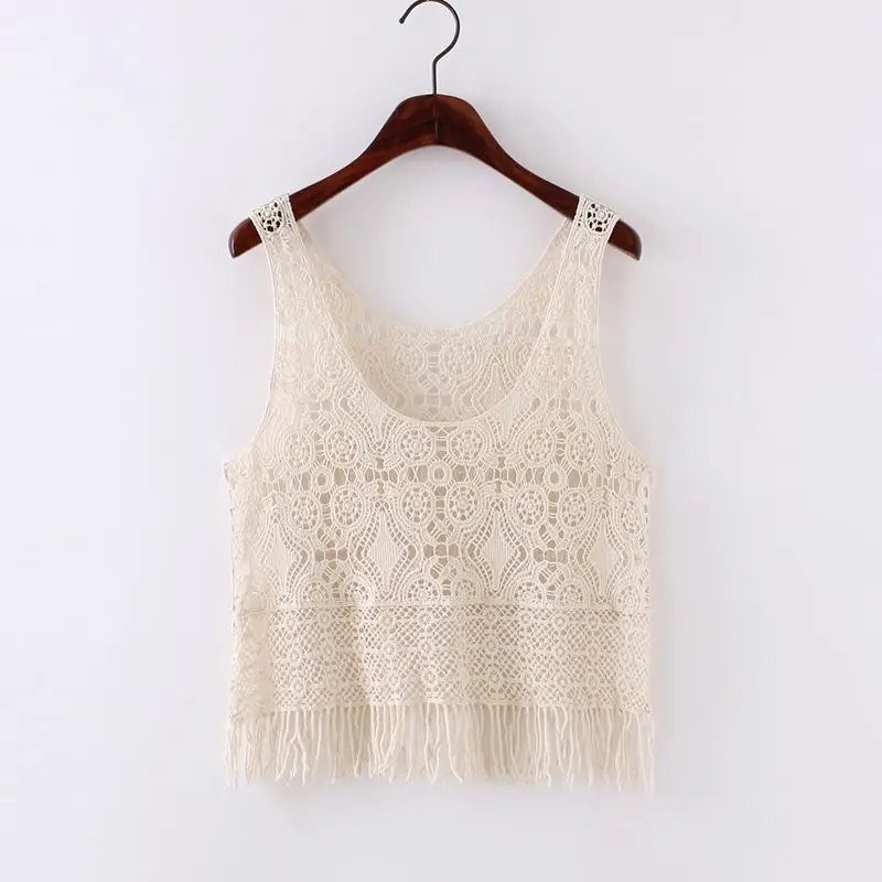 

Женский летний кроп-топ с вырезами, Женский трикотажный кружевной Длинный топ с кисточками, женский прозрачный жилет без рукавов, накидка G155
