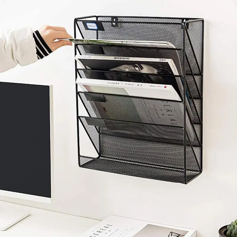 

Wall-mounted Storage Rack Five-story Metal Wall File Holder Newspaper Basket Paper Organizer MagazineMail Rack Display