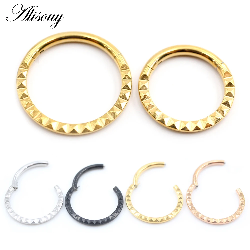 Alisouy 1PC Stainless Steel Pyramid Rhombus Round Hinged Clicker Nose Septum Rings Hoop Cartilage Earrings Body Piercing Jewelry