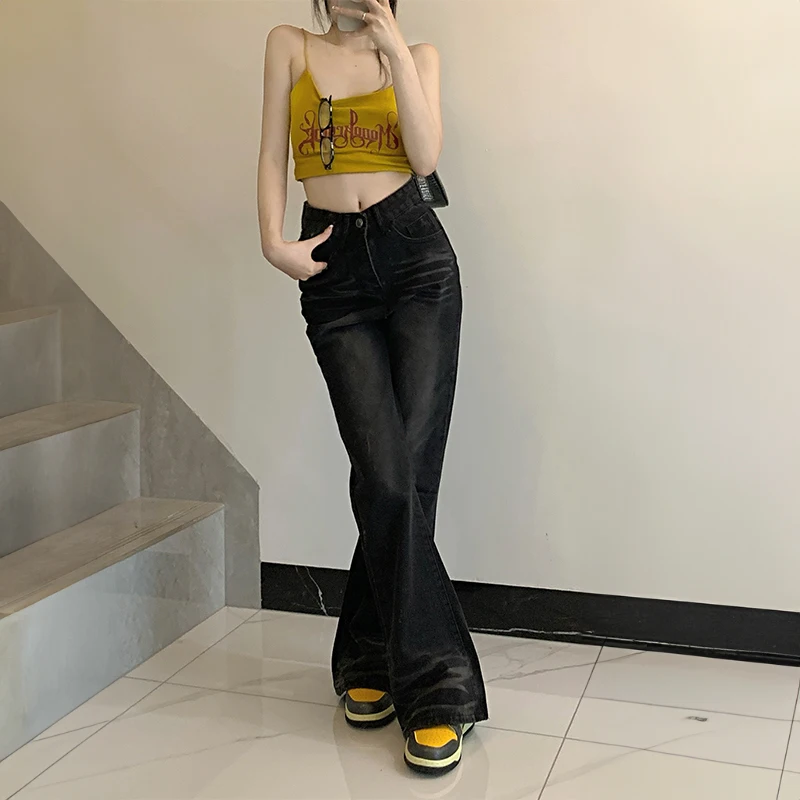 American Retro Black Baggy Jeans For Women Full Length Wide Leg Pants High Waisted Fashion Female Casual Straight Denim Trousers