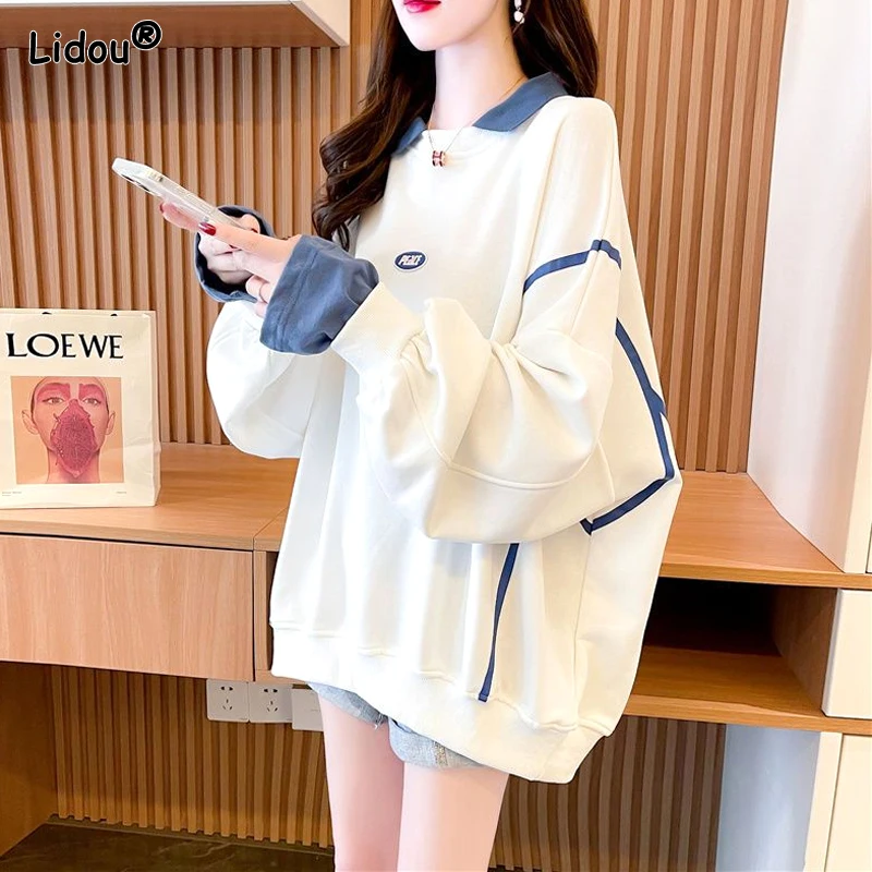 2023 New Spring and Autumn European Edition Loose Oversize Street Style Polo Collar Color Block Fabric Fake Two Piece Sweater tank tops color block drawstring fake two piece tank top dark grey in gray size l xl