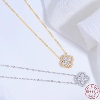 S925 Sterling Silver Four-leaf Clover Necklace for Women, Inlaid With Cubic Zirconia, A Light Luxury Clavicle Chain SL42