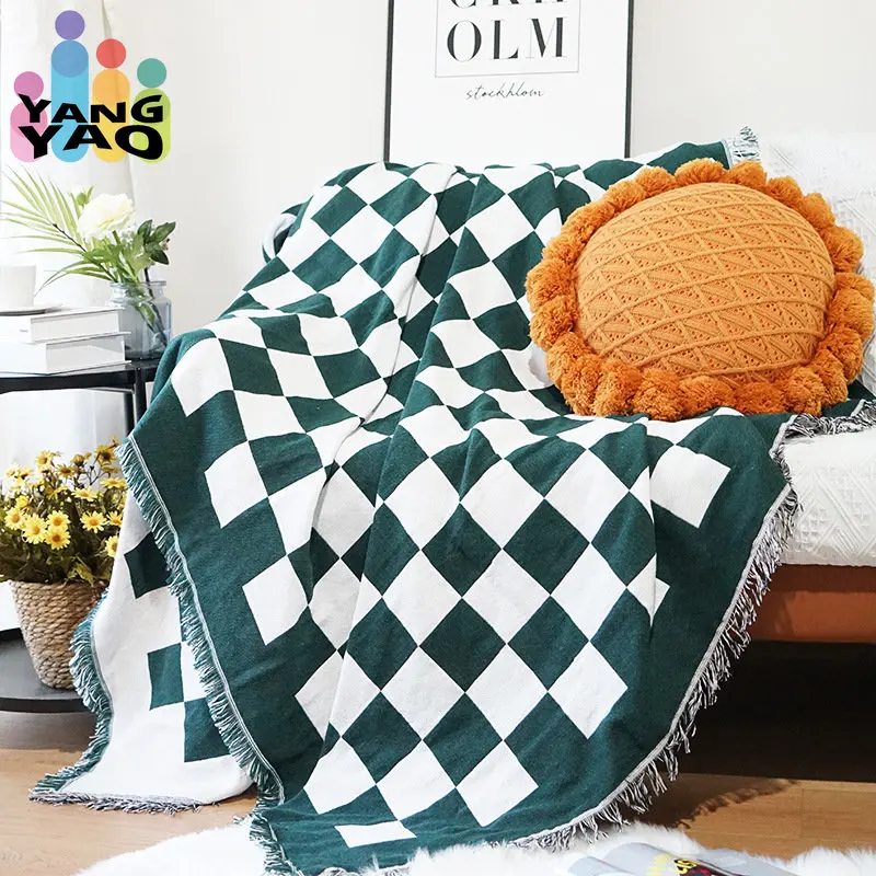 

Nordic Knitted Blanket Plaid Checkerboard Sofa Throw Blanket With Tassels Travel Nap Blankets Air Condition Blankets Bed Decor