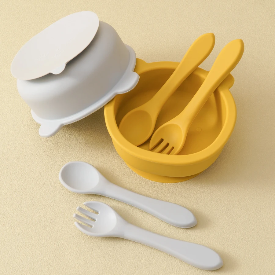 3Pcs/1Set BPA Free Silicone Bear Dishes For Baby Baby Feeding Sucker Bowl Tableware Waterproof Spoon Non-Slip Crockery Bowl 4