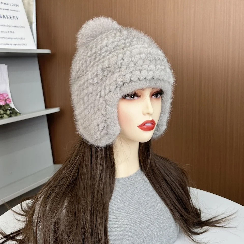 Neue Winter Damen Echt Nerz Pelz Hut Warme Verdickte Ohr Schutz Gestrickte Kappe Damen Winter Mode Zubehör – Detail 19
