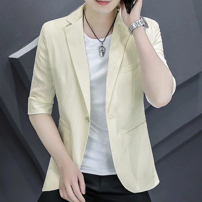 

Новинка 2023, Мужской приталенный красивый костюм HOO с рукавом до локтя, Молодежный жаккардовый пиджак в полоску