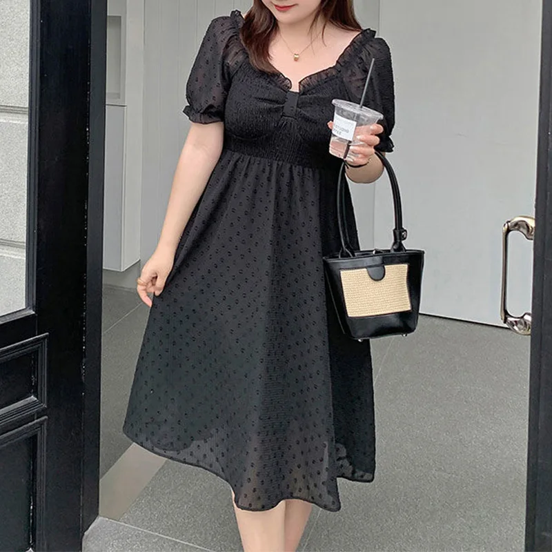 Plus Size Clothes Little Fresh and Sweet Square Collar Stringy Selvedge Solid Pleated Short Sleeve Bow Chiffon Princess Dress