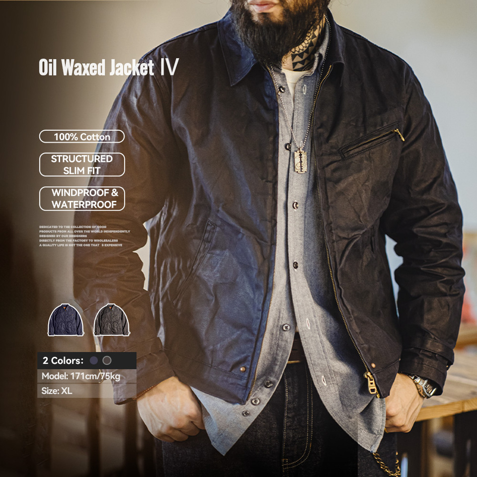 Maden Men's Vintage IV Oil Waxed Canvas Jacket Lapel Zipper Short Outerwear Classic Slim Fit for Men's Spring and Fall Jacket