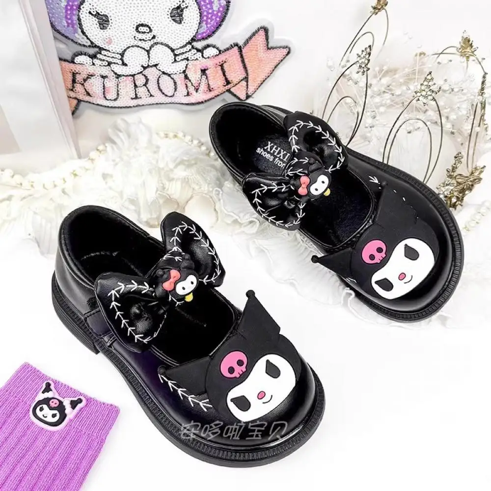 Kuromi My Melody Girls Leather Shoes Sanrio Bow Tie Kawaii Kids Cartoon Soft Bottom Sweet Board Shoes Fashion New Children Shoes 6