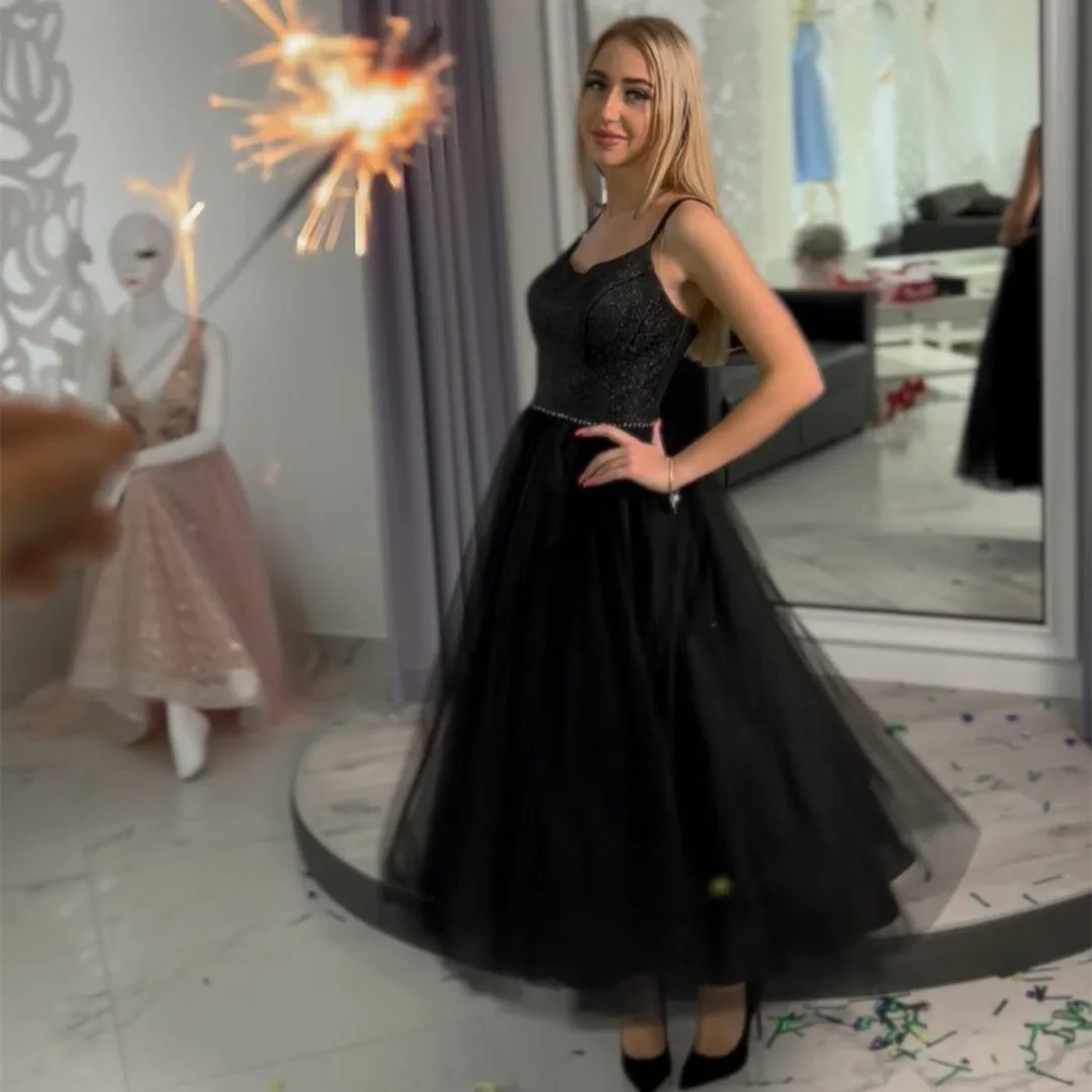 

Короткие черные блестящие Вечерние платья а-силуэта с V-образным вырезом длиной до середины икры, платья для выпускного вечера, Вечерние платья