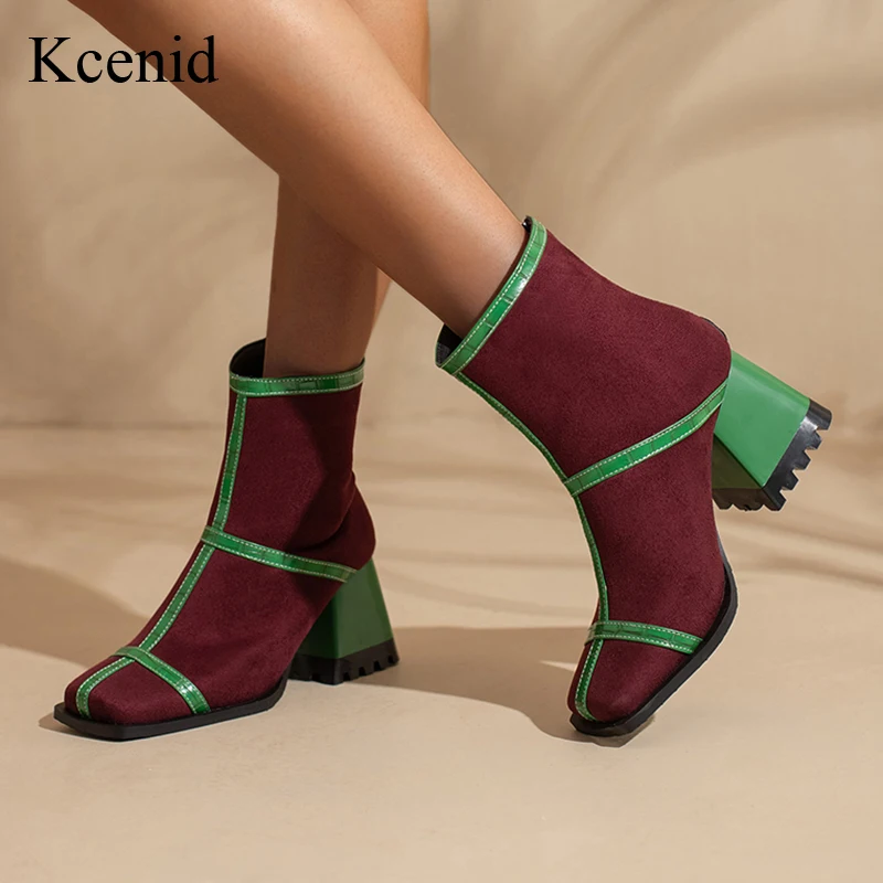 

Kcenid Ankle Women's Boots Mixed Color Heel Zipper Winter Shoes Nice Elegant High Heel Square Toe Keep Warm Short Booties Ladies