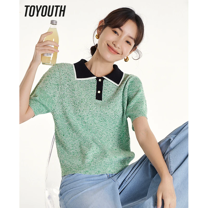

Toyouth Women Knitwear 2023 Summer Short Sleeve Polo Neck Stretch Loose T-shirt Green Contrast Color Casual Chic Tops