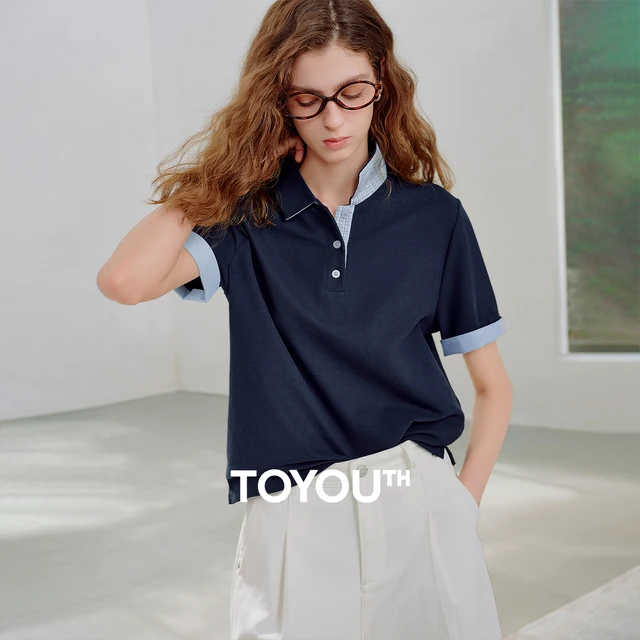 TOYOUTH femmes Piqué Polo t-shirts 2026 été nouveau mis à niveau bloc de couleur Plaid manches volets Vintage décontracté hauts 1