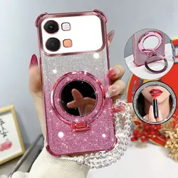 Glitter Shockproof Phone Case with Mirror Stand and Beaded Strap for Infinix Note Edge 5G (Pink)