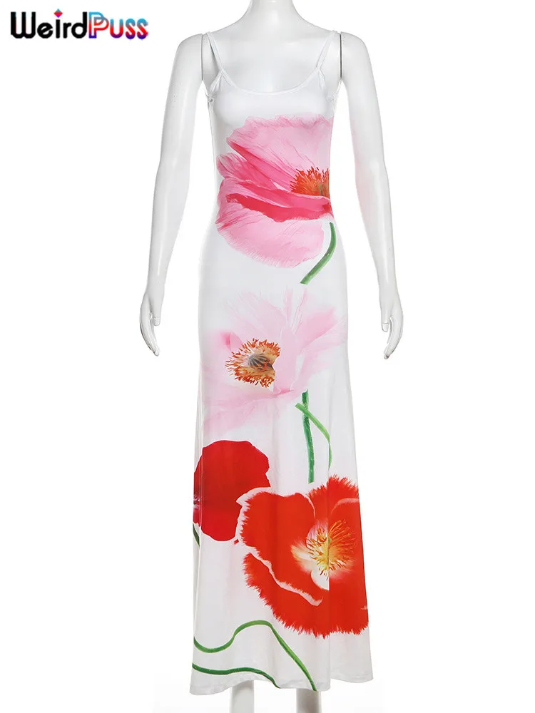 nibber Sexy Summer Flowers Camis Dress Women 2024 New Trend Sleeveless Soft Stretch Sweet Maxi Bodycon Skinny Elastic Vestidos