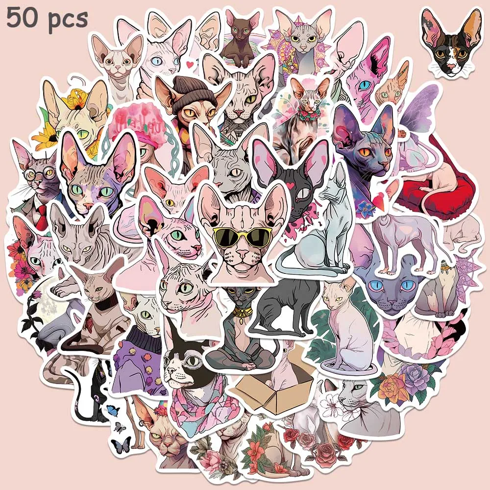 50pcs Sphynx Cats Stickers Cute Cartoon Graffiti Decals For Kids Laptop Guitar Skateboard Luggage Scrapbook Bike Stickers 10 50 100pcs warriors cats cartoon stickers for kids decals toys diy graffiti luggage phone case laptop waterproof sticker packs