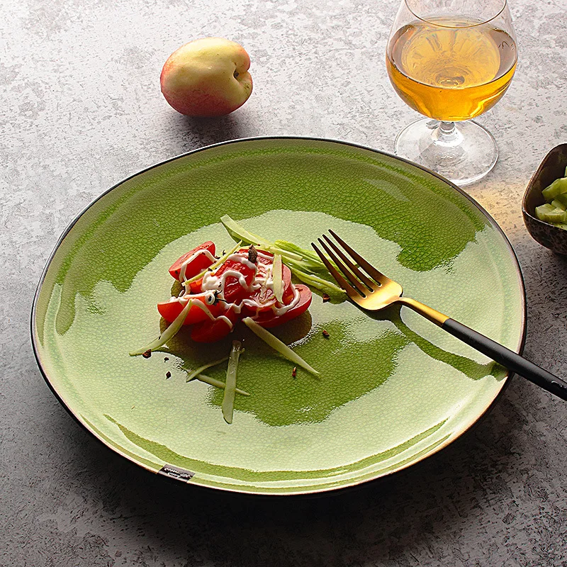 

Green Western Food Dish Steak Plate Seafood and Radish Plate Household round Plate Italian Pasta Dish Ice Crack CeramiTableware