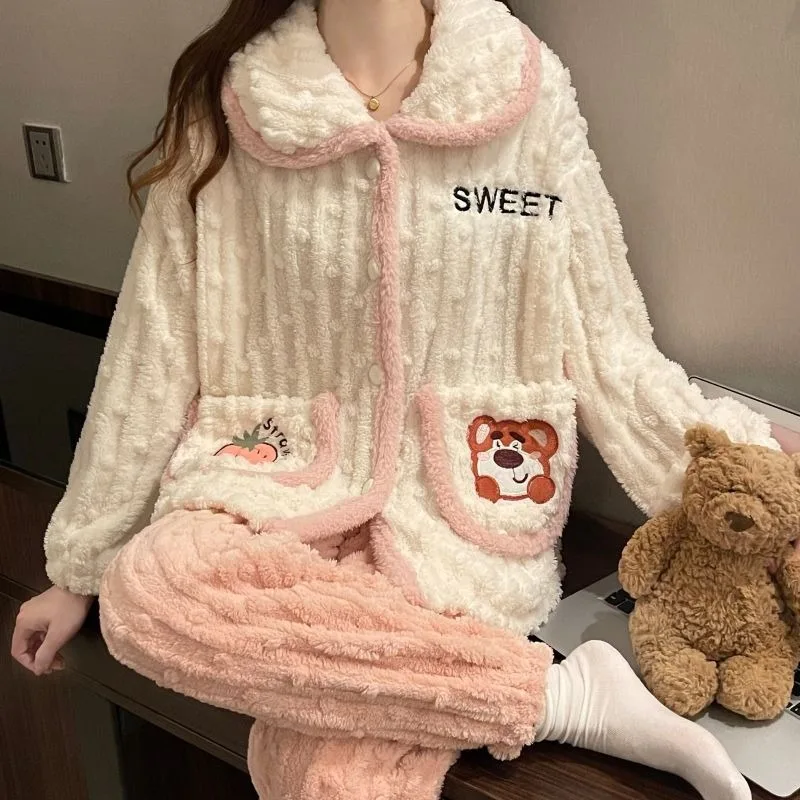 New Coral Velvet Women's Pajamas Autumn Winter Loungewear Oversized Flannel Nightwear Thickened Sleepwear Set Homewear