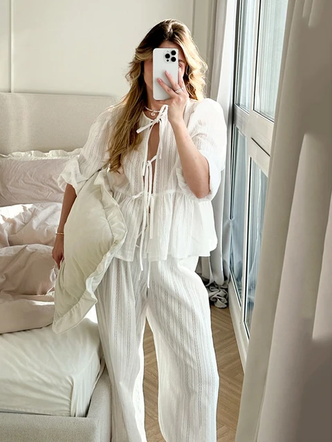 Marthaqiqi Winter Women Pajamas Suit Lace Up Sleepwear Long Sleeve Nightgowns O-Neck Nightwear Pants Casual Ladies Home Clothes